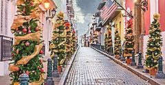 San Juan, Puerto RIco Christmas tree lined road in the old town