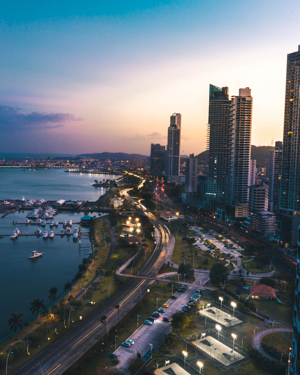 Panama City Aerial View with Buildings during Sunset