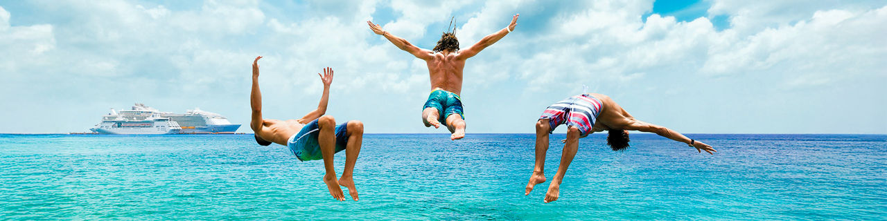 3 men jumping, doing a back and front flip to the water. 