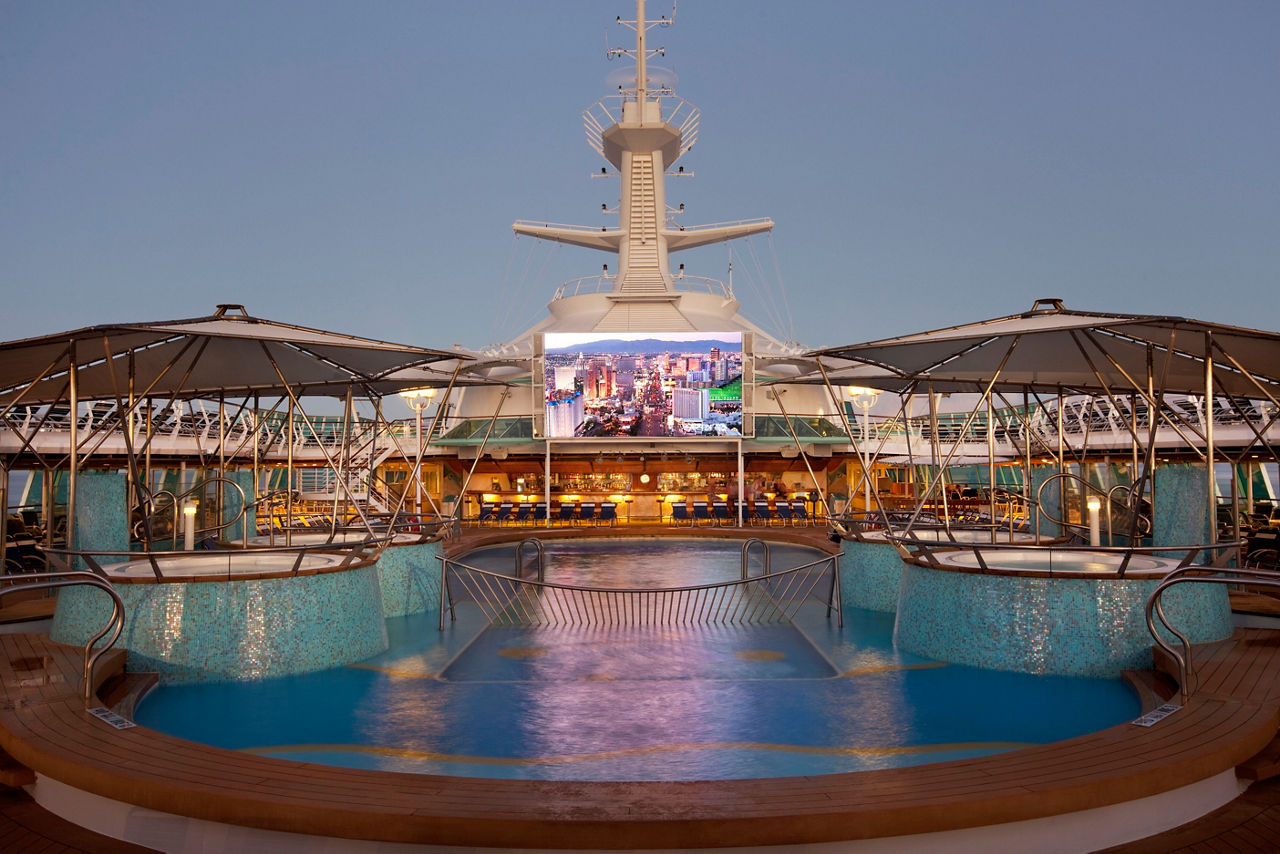outdoor movie screen, pool deck, pools, rhapsody of the seas