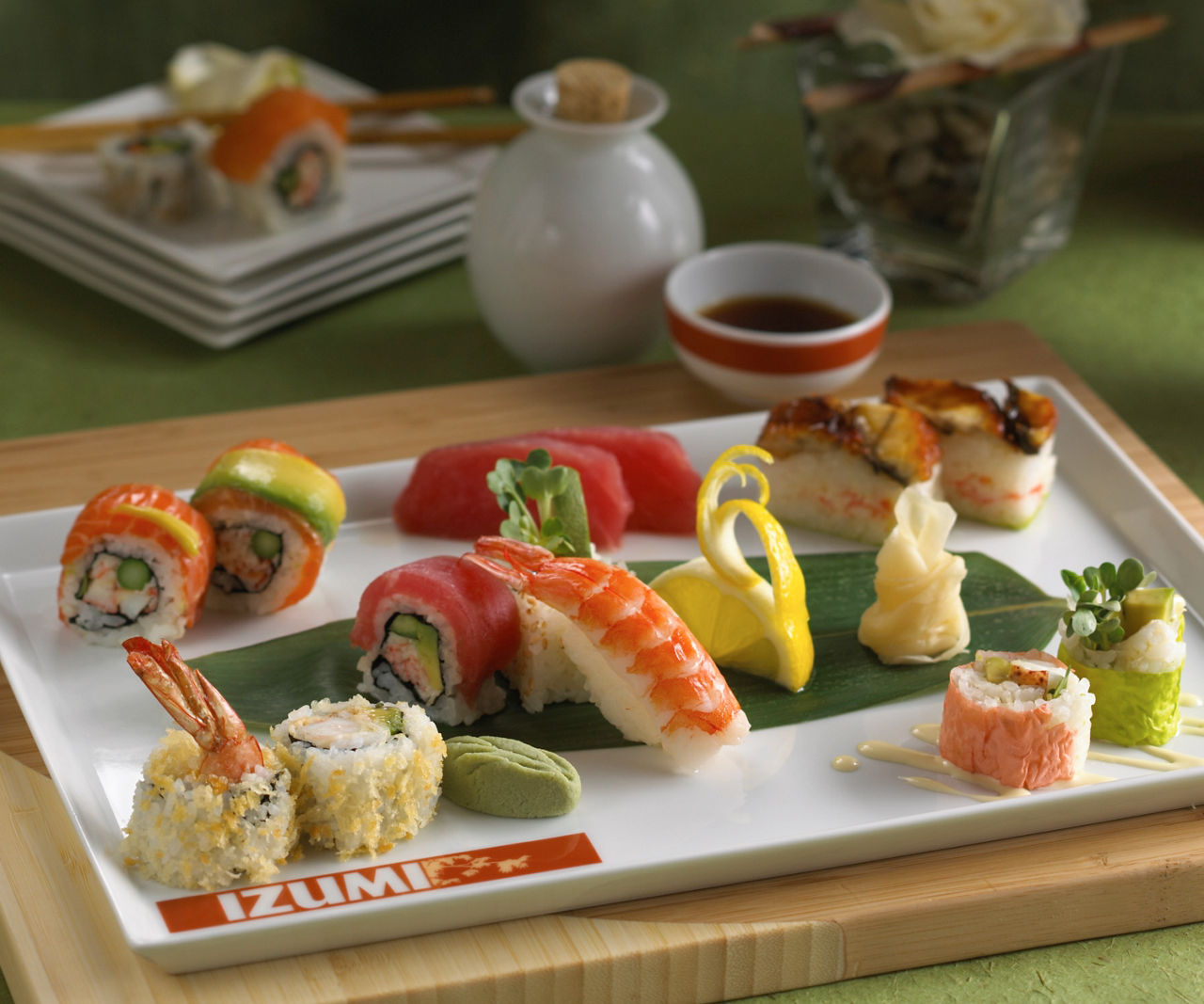 Plate of fresh assorted sushi and sashimi rolls.
