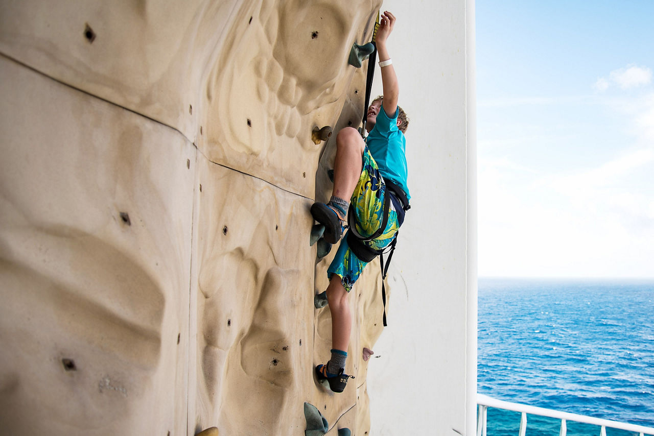 Young Boy Climbing on the Rock Wall 
