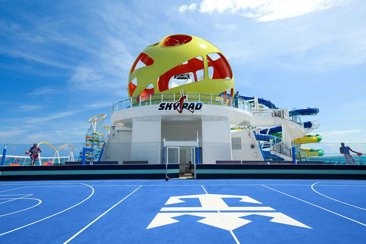 An exterior view of the Skypad, yellow virtual bungee jumping ball, onboard only Royal Caribbean cruises