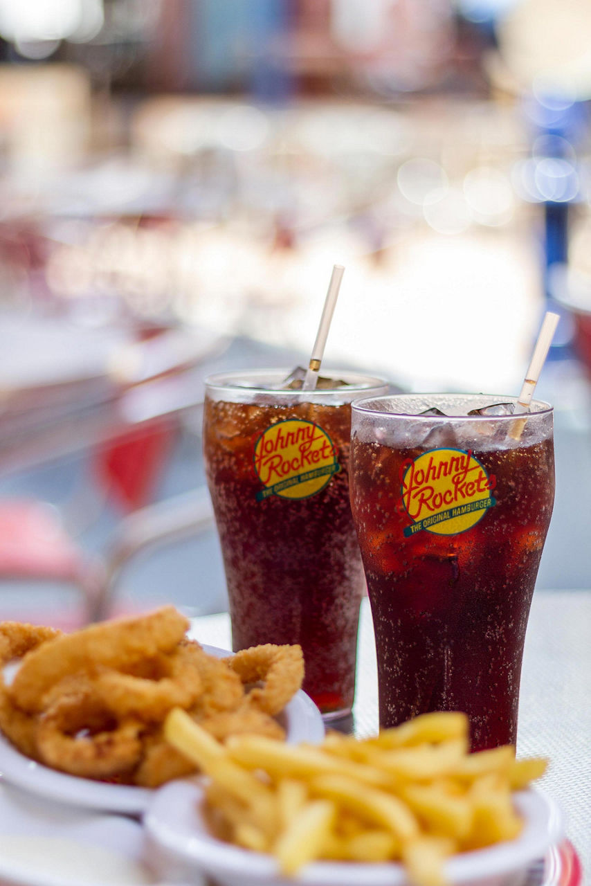 Fries, onion rings and two sodas at Johnny Rockets on a Royal Caribbean cruise ship