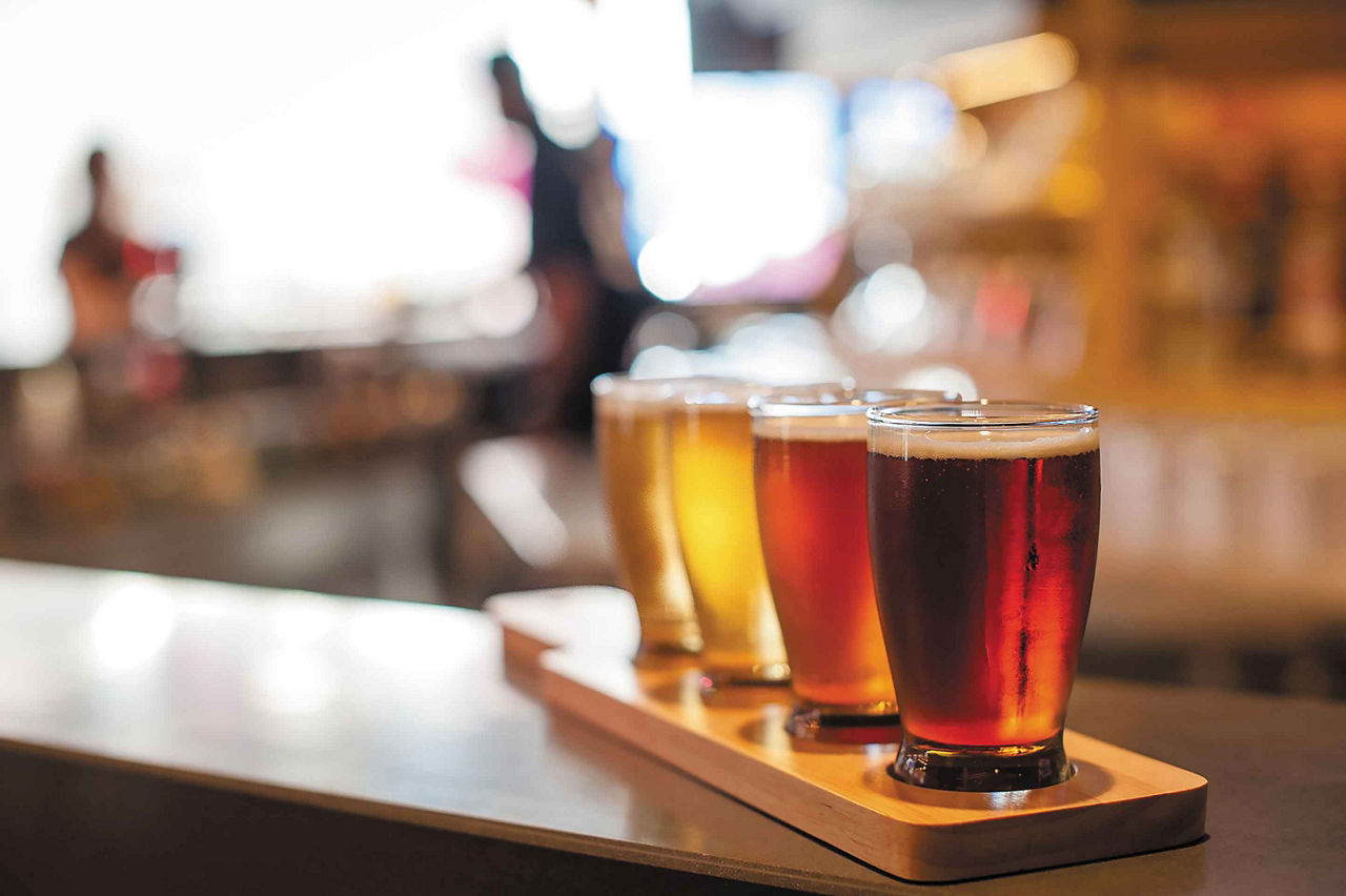 Draft beer flight served at Playmakers Sports Bar & Arcade 
