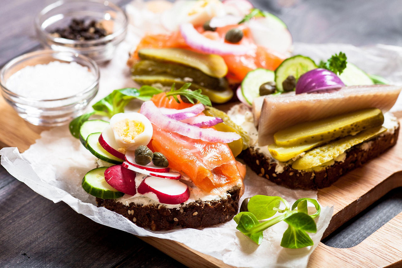 A fresh smorrebrod sandwich in Aarhus, Denmark