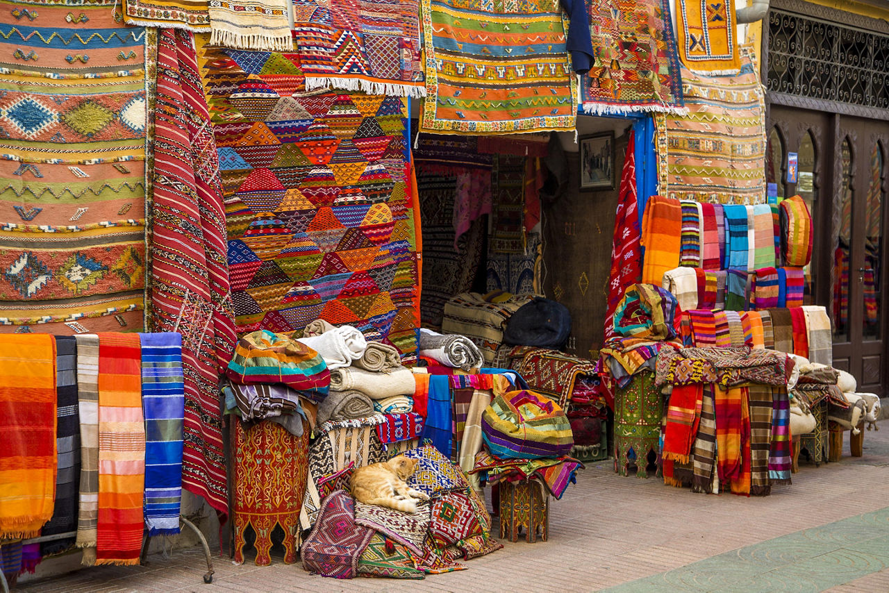 A shop in Agadir, Morocco selling colorful fabrics