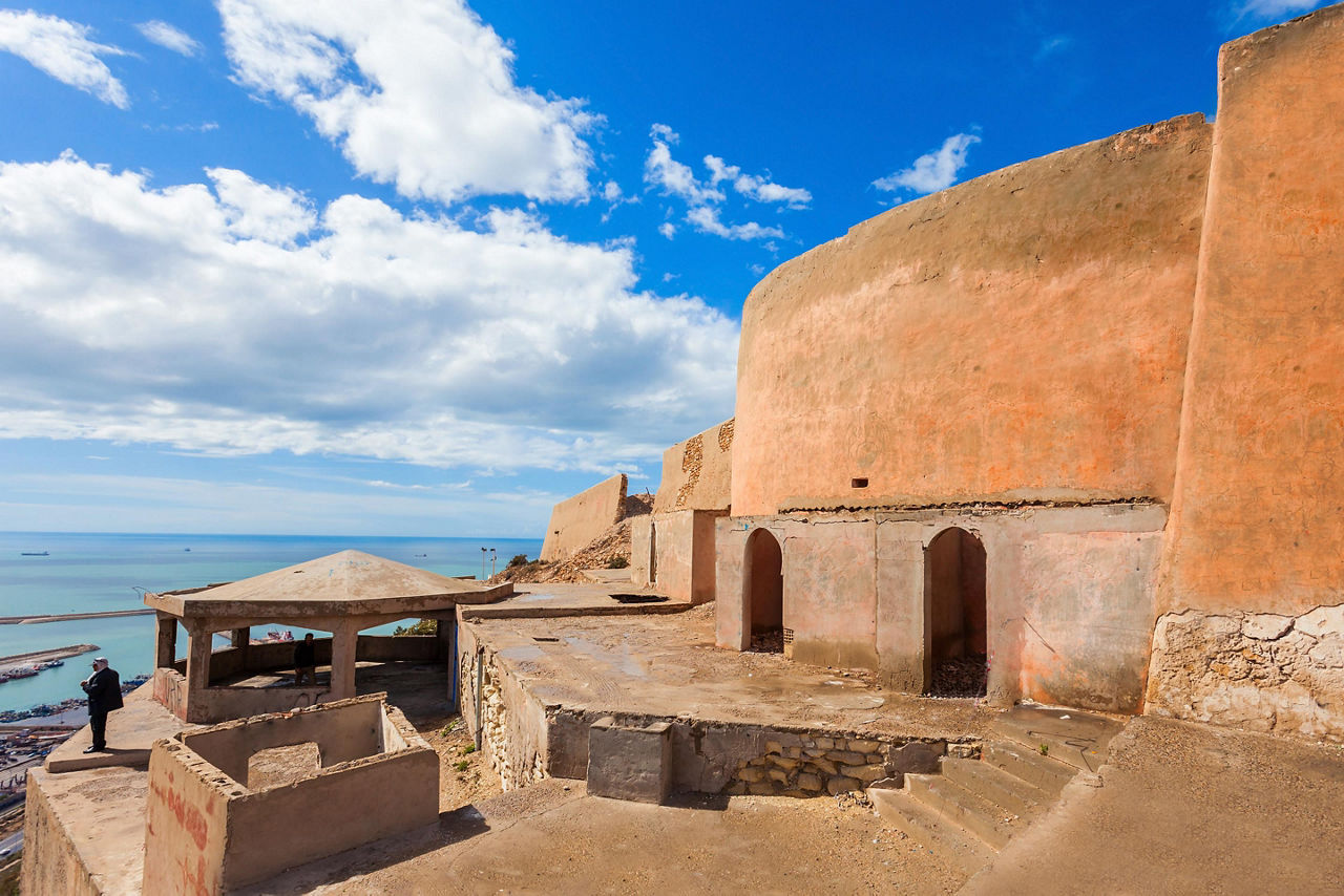 View of the exterior walls of the Kasbah Oufella fortress in Agadir, Morocco