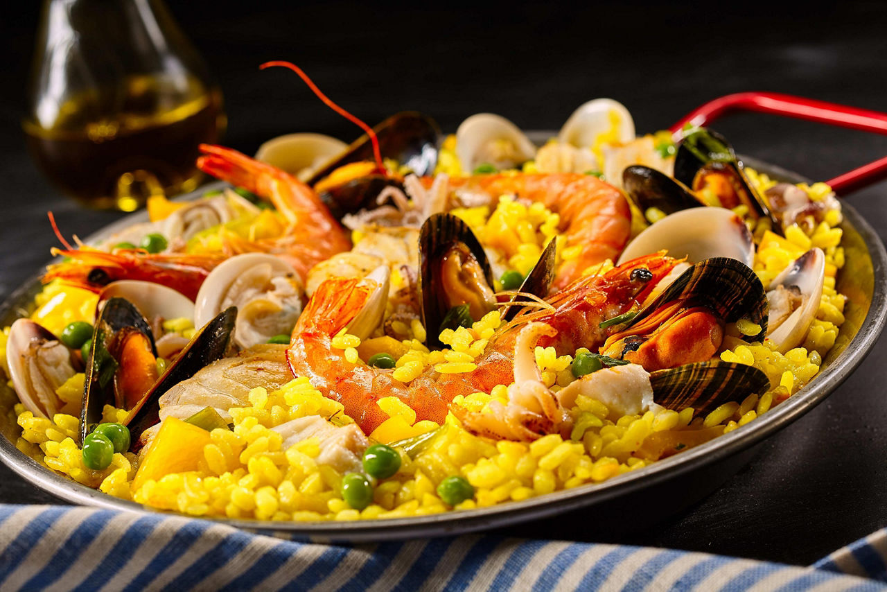 A bowl of seafood paella