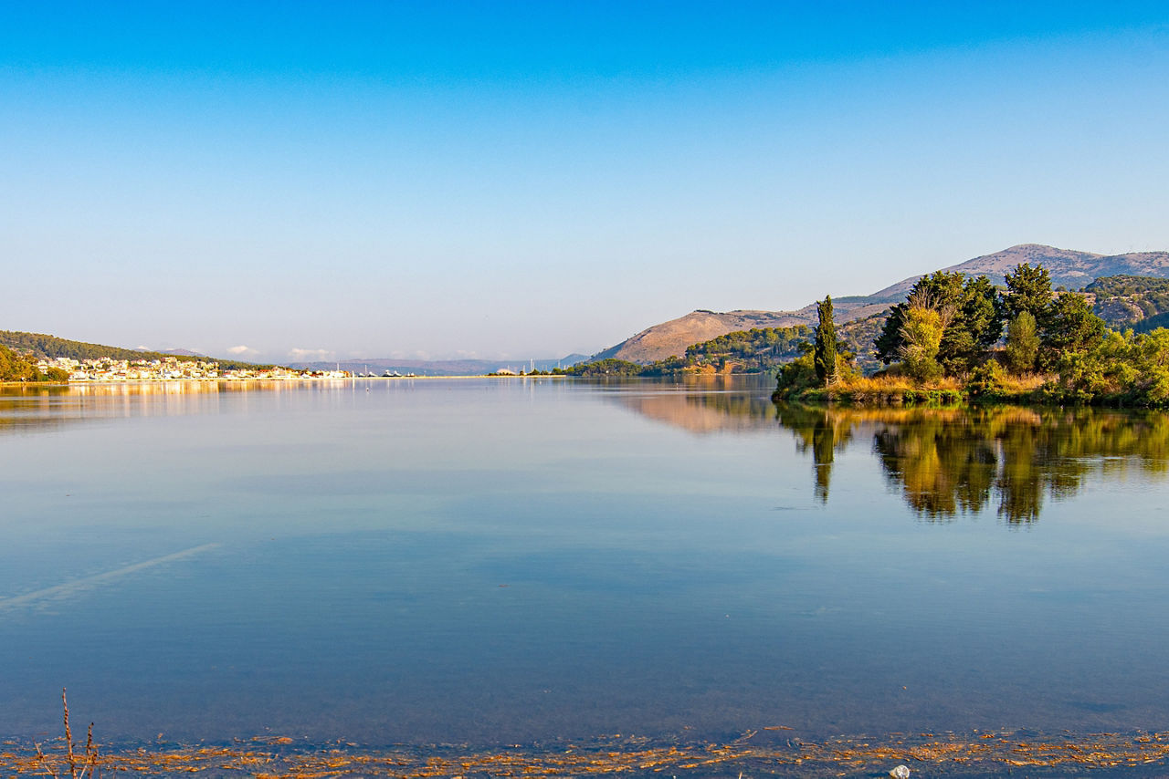 Calm waters of Koutavos Lagoon in Kefalonia, Greece