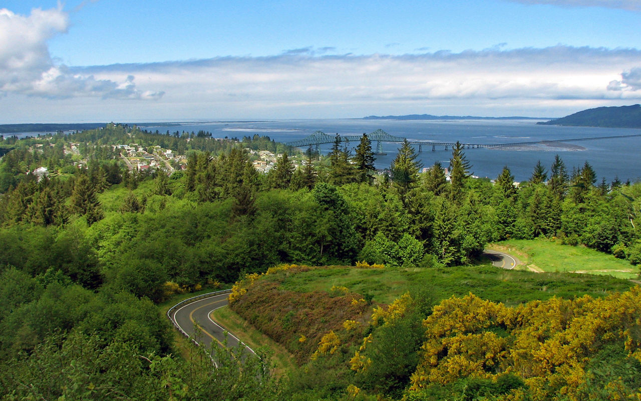 View of the lush landscape surrounding Astoria, Oregon and the Columbia River