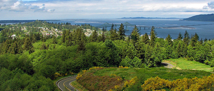 View of the lush landscape surrounding Astoria, Oregon and the Columbia River