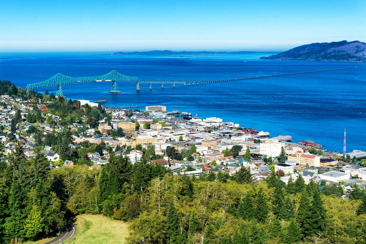 Aerial view of the sea town of Astoria. Oregon.