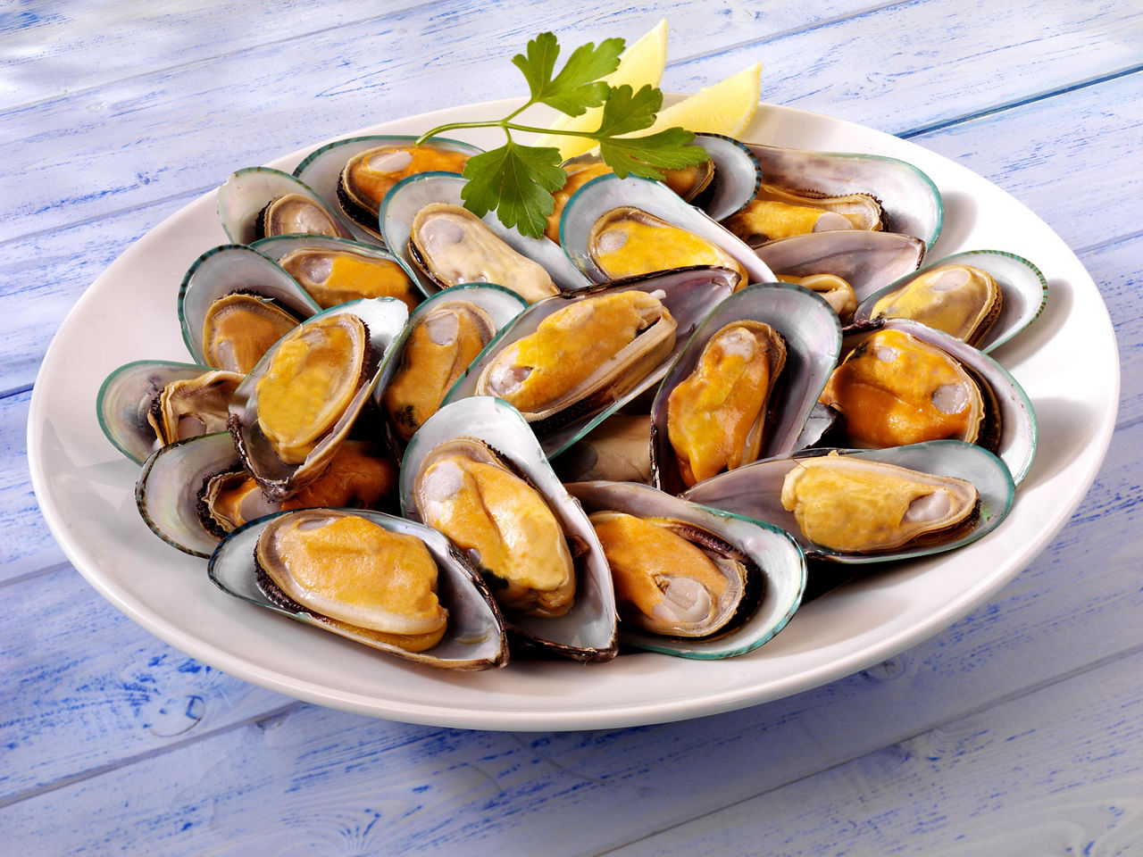 A plate full of New Zealand green mussels