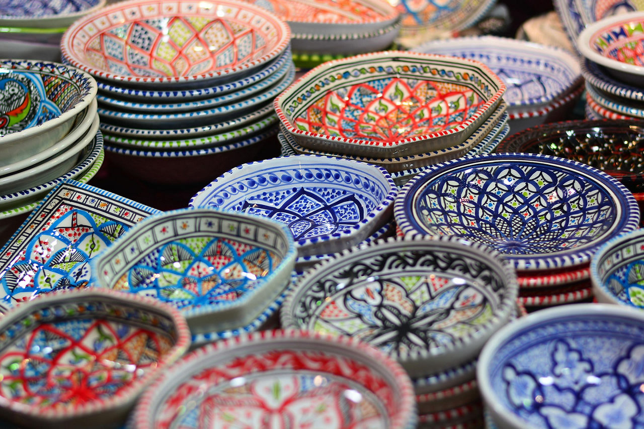 Colorful dishes in a market in Bahrain