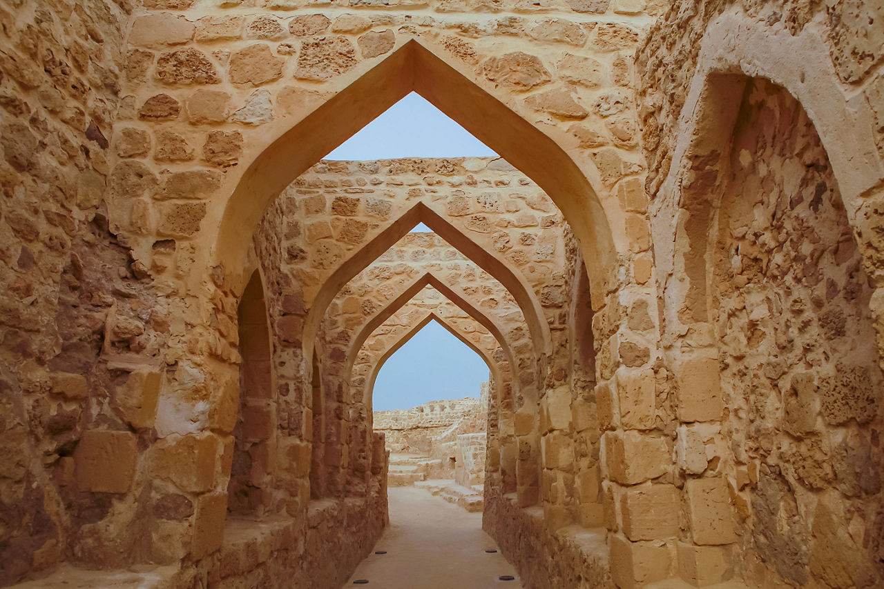 Beautiful archway in Bahrain Fort in the Kingdom of Bahrain