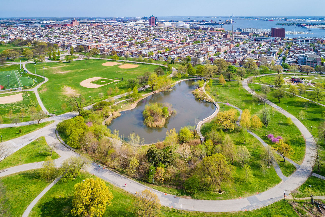 Aerial view of the pond at Patterson Park and Canton, in Baltimore, Maryland.