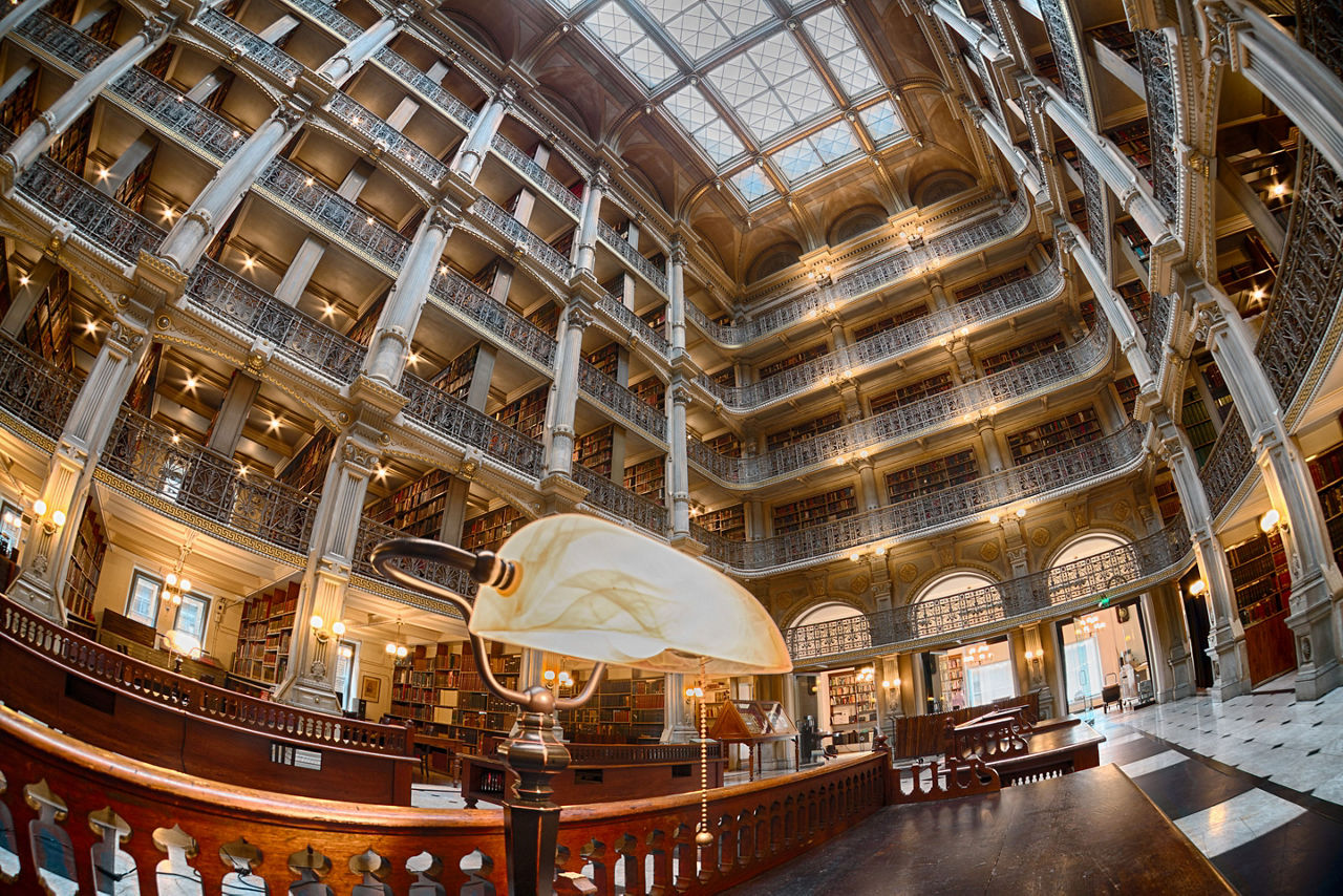 Bookshelf inside Peabody Library a research library for John Hopkins University. BALTIMORE, USA