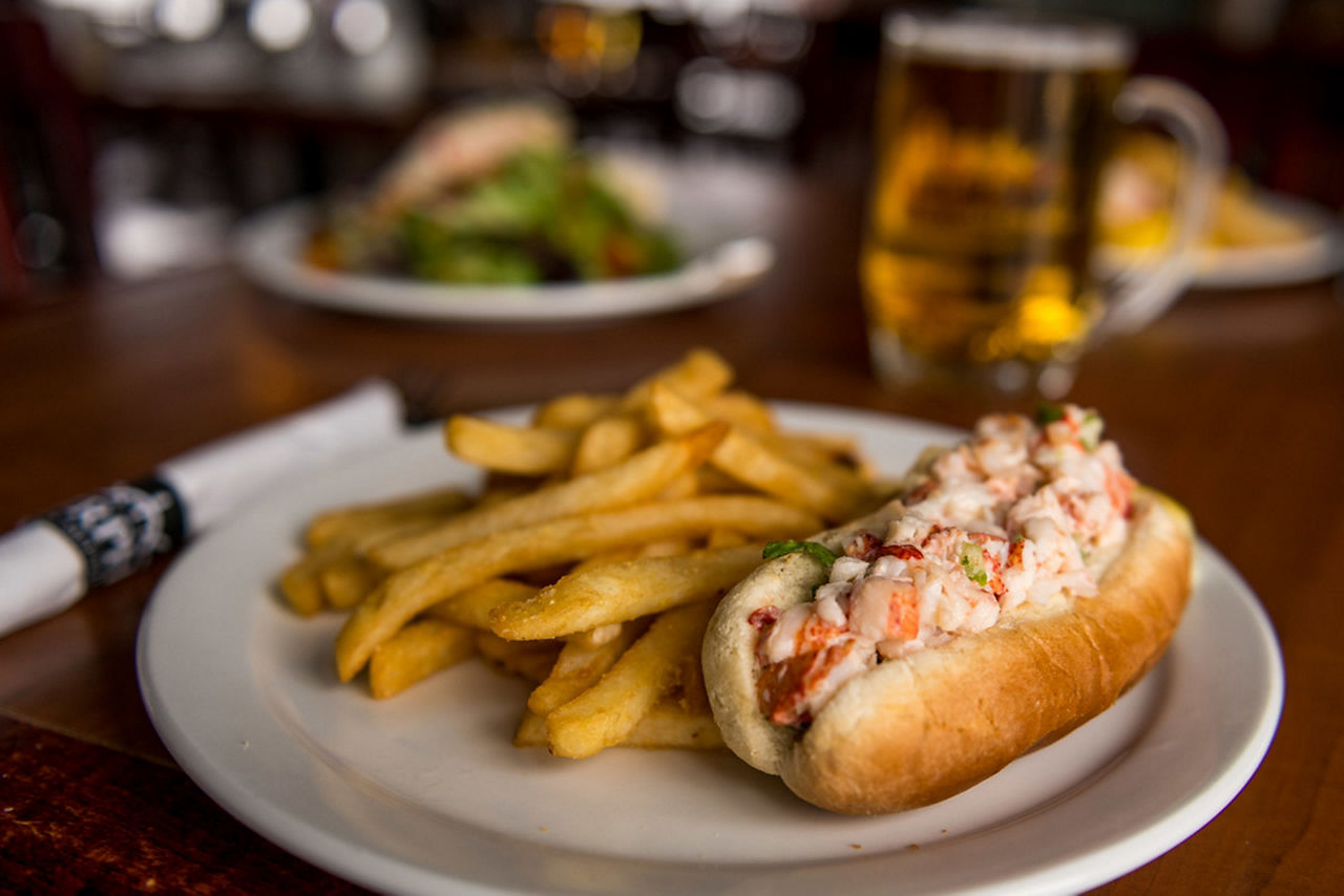 New England Lobster Roll  with Fries and a Beer