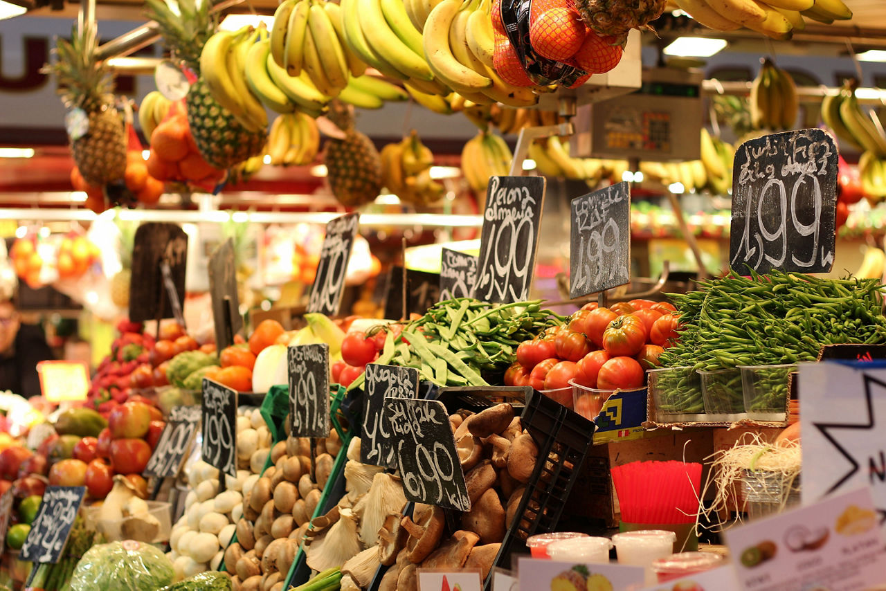 Fruit and Vegetable Stand at Spanish Market La Boqueria Barcelona Spain