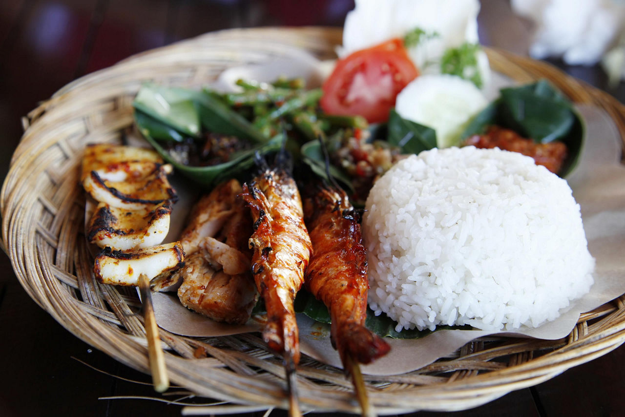 Traditional Seafood Satay and Rice in Bali, Indonesia