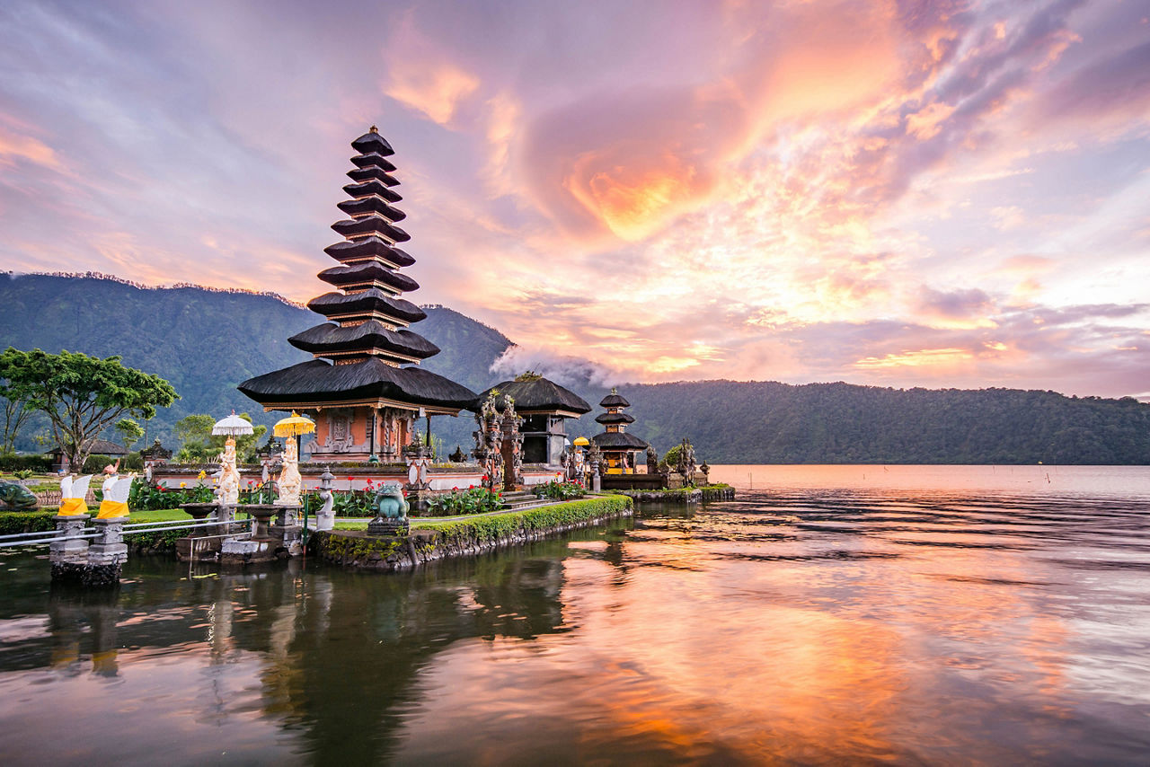 Famous Hindu temple and tourist attraction on Bratan lake. Bali, Indonesia.