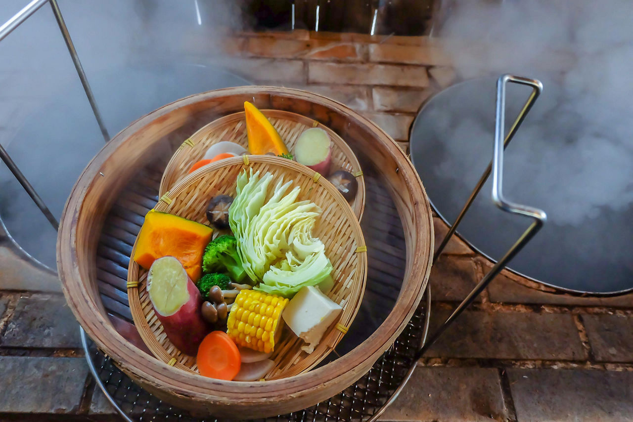 Steamed vegetables in Beppu, Japan