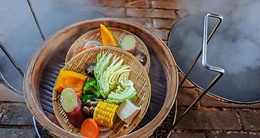 Steamed vegetables in Beppu, Japan