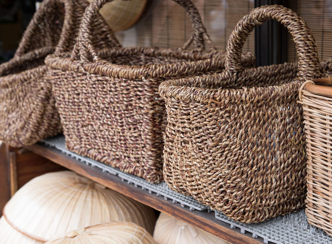 Baskets made out of bamboo sold in markets in Beppu, Japan