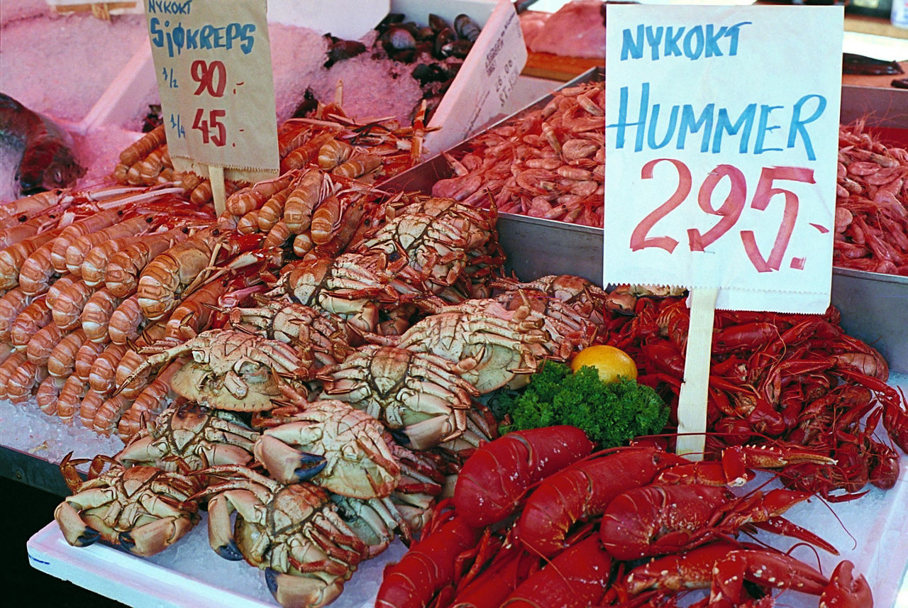 An assortment of seafood for sale at a fish market in Bergen, Norway