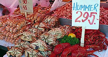An assortment of seafood for sale at a fish market in Bergen, Norway