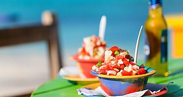 Two bowls on Conch Salad on a Beachside Table, Bimini, Bahamas
