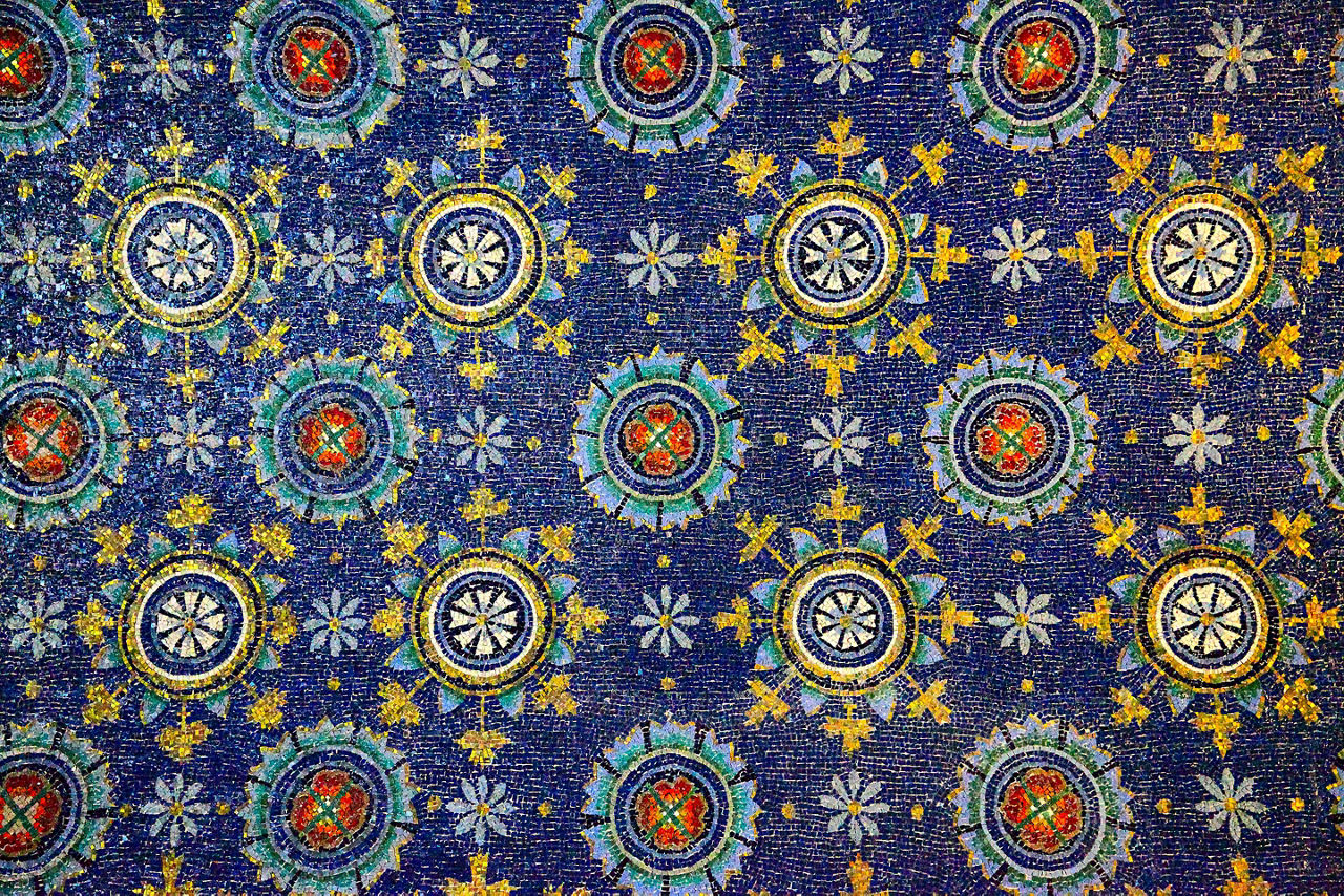 Ancient mosaics on a ceiling in the mausoleum of Galla Placidia near Bologna, Italy