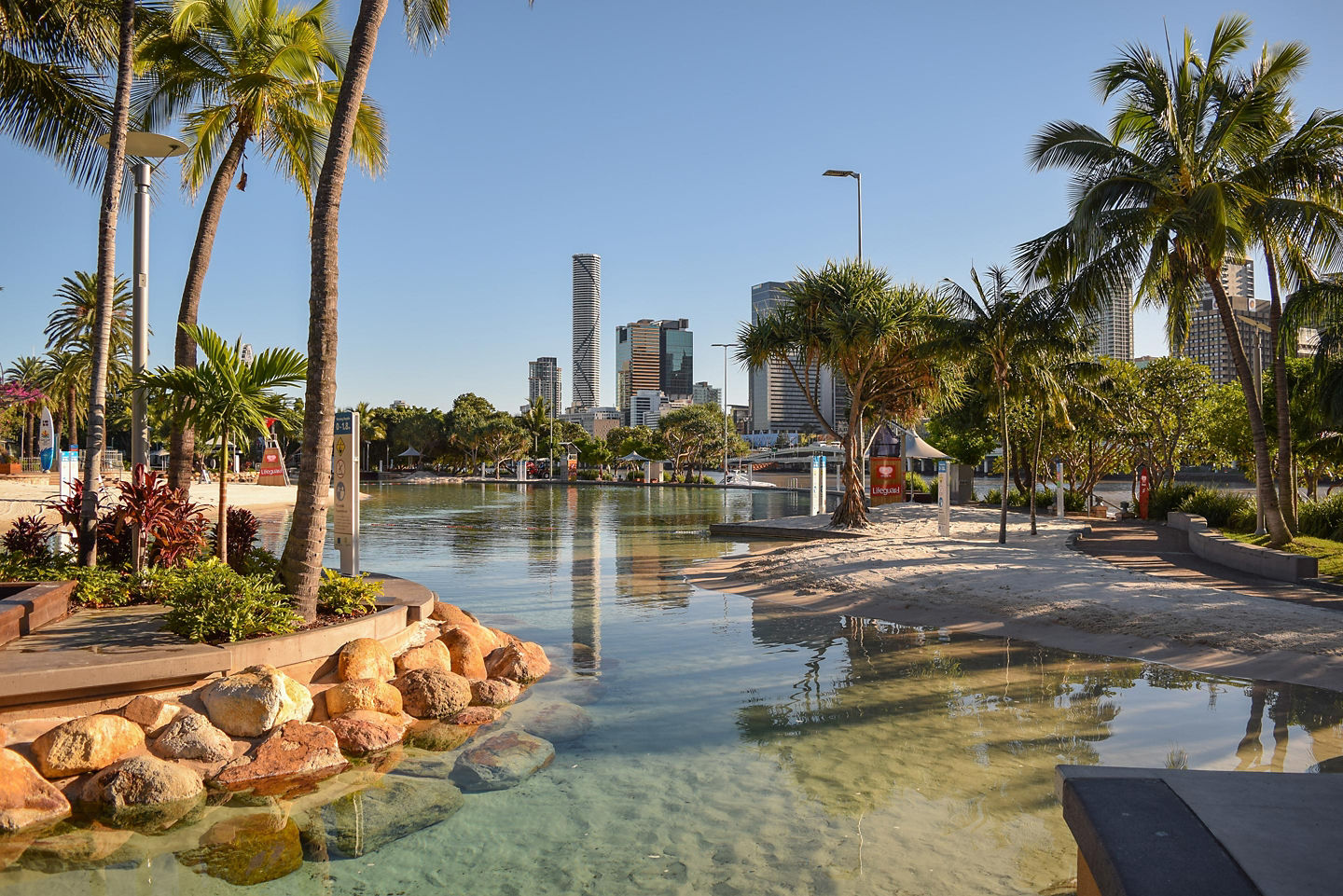 South Bank beach overlooking Brisbane’s modern skyline. - Brisbane, Australia