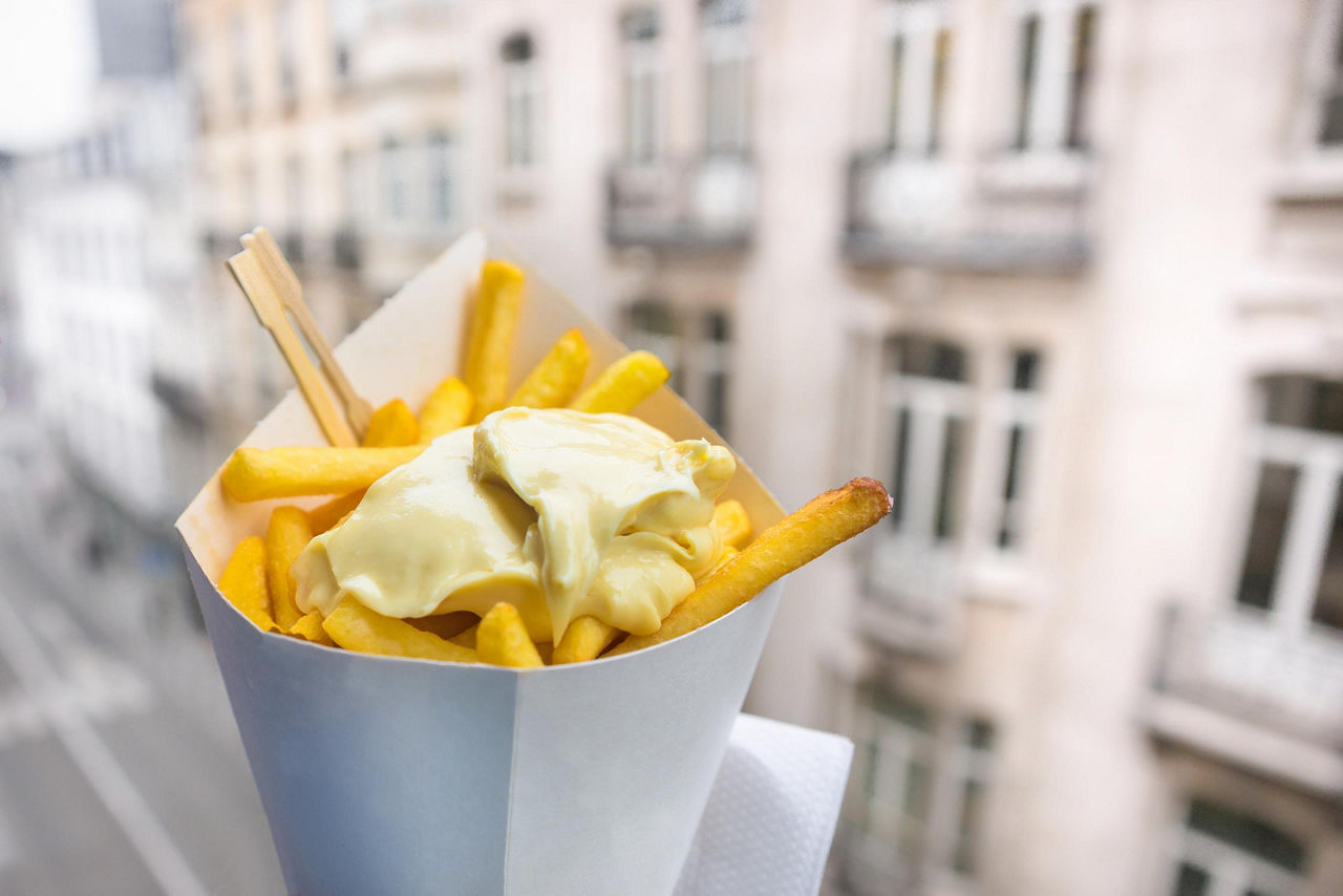 A container with fries topped with mayonnaise