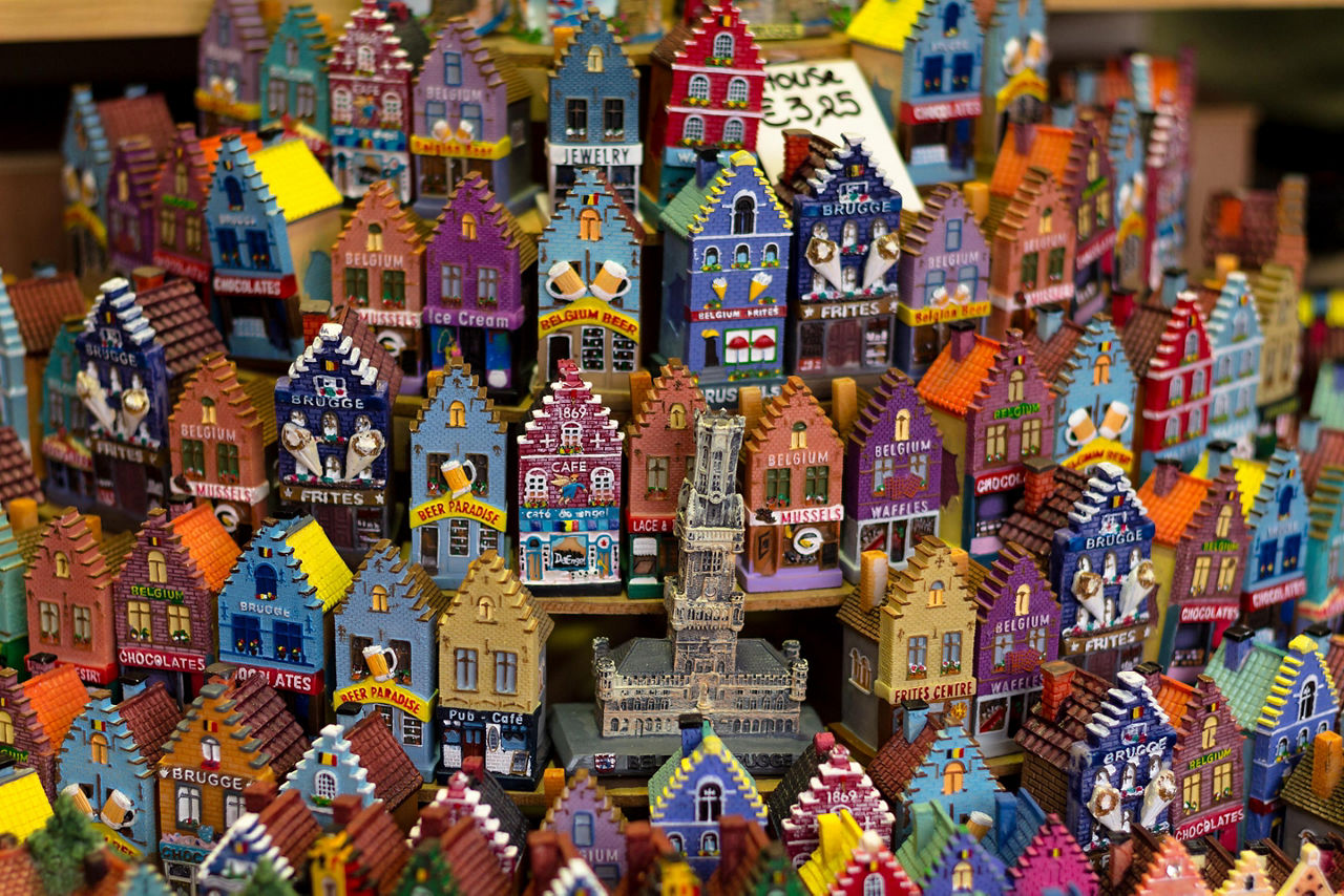 Various miniature traditional home souvenirs in Bruges, Belgium