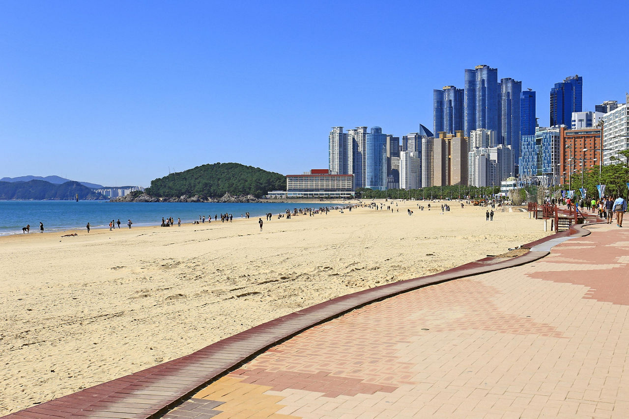 Haeundae beach with a view of the cityscape in Busan, Korea