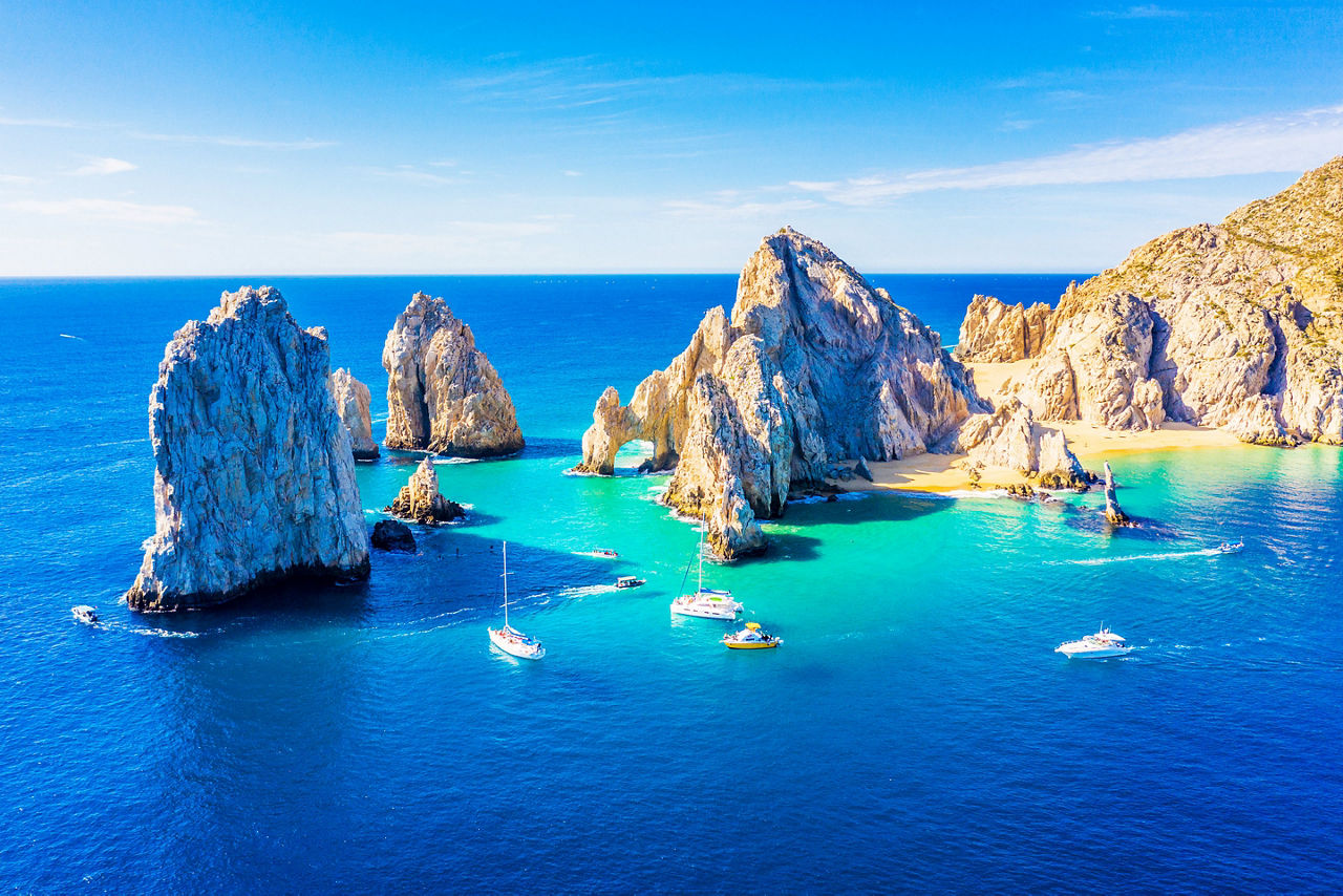 Aaerial view of the Arch, El Arco, in Cabo San Lucas. Mexico.