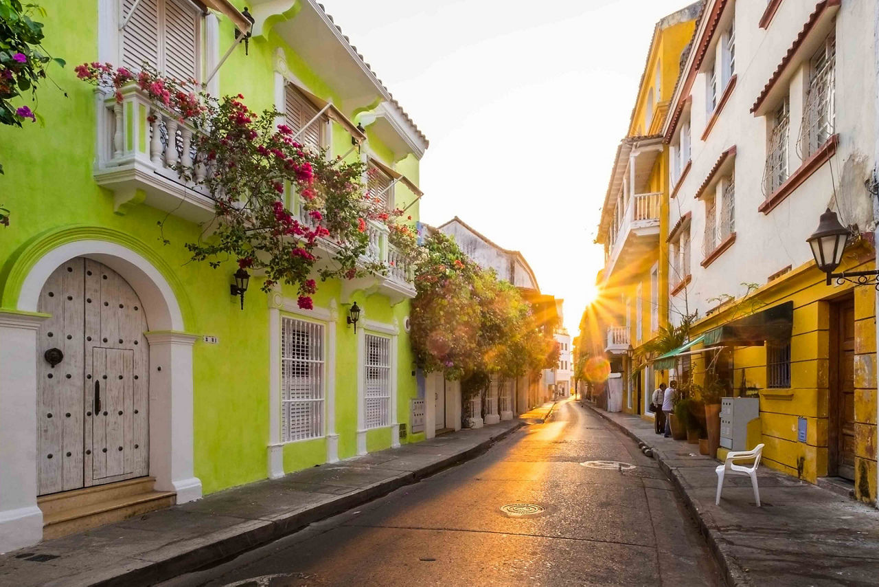 Sun ray during sunrise in the streets of Cartagena, Colombia