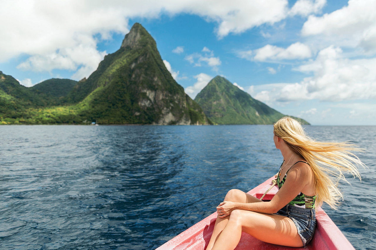 Woman Enjoying Piton Peaks on a Kayak, Castries St Lucia 