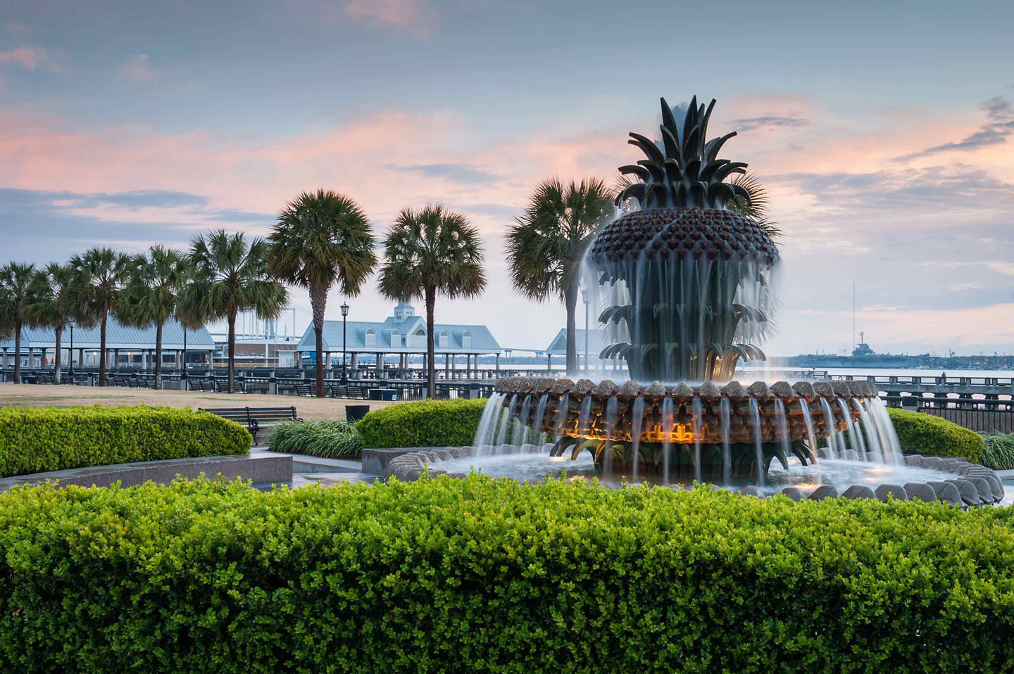 Pineapple Fountain in Charleston’s Waterfront Park with palm trees. - Charleston, South Carolina