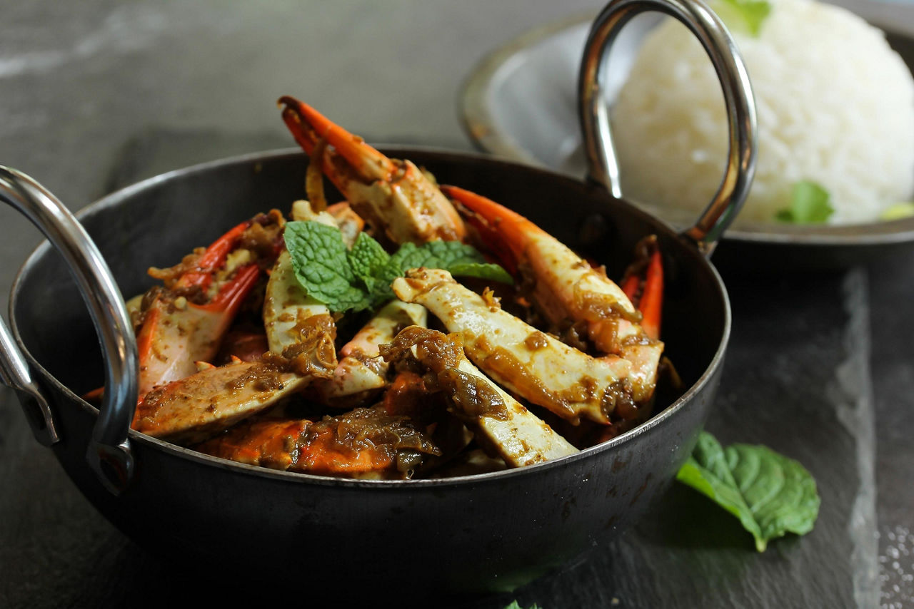 Crab masala served with jasmin rice in Cochin, India