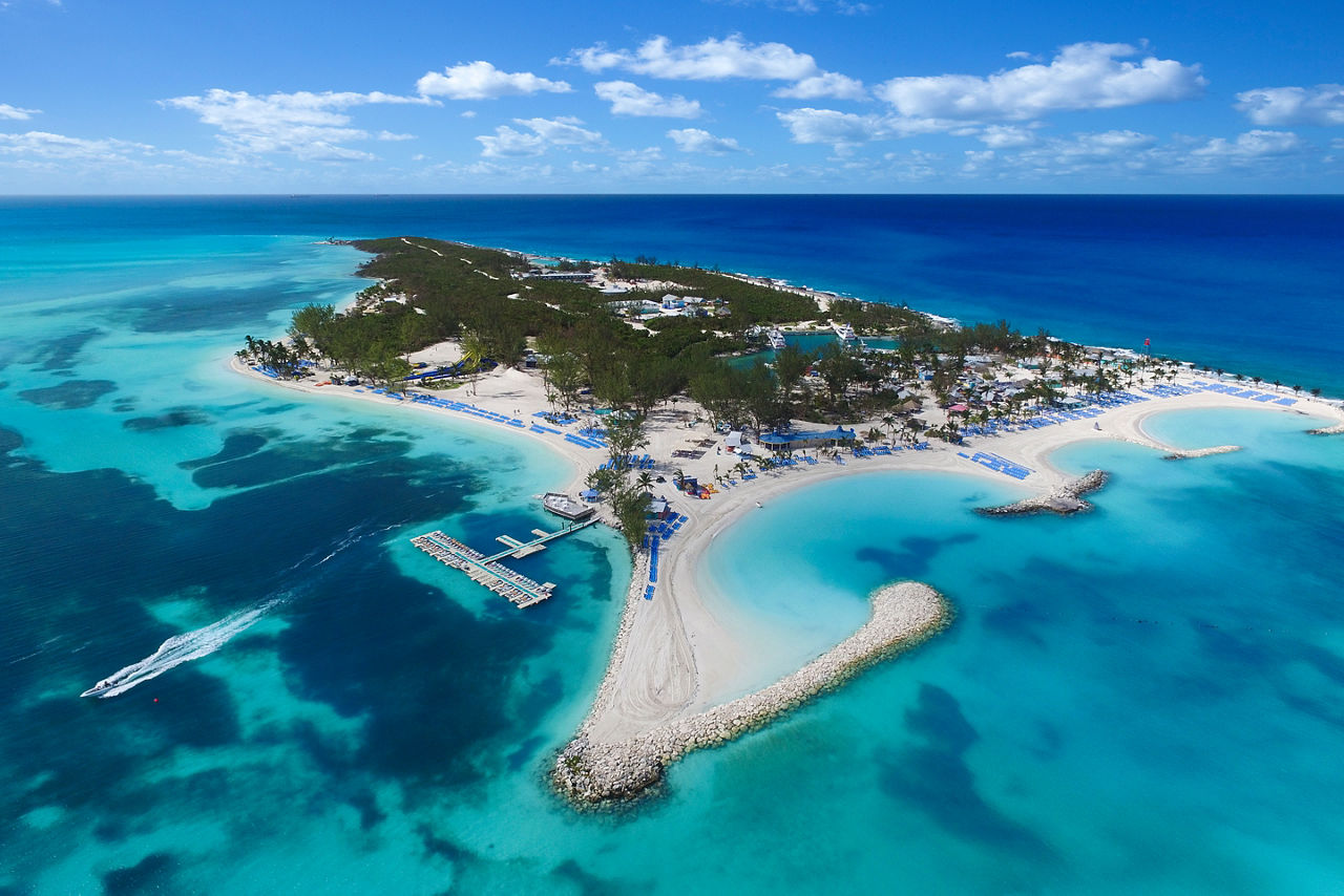 Aerial View of Island, Coco Cay, Bahamas 