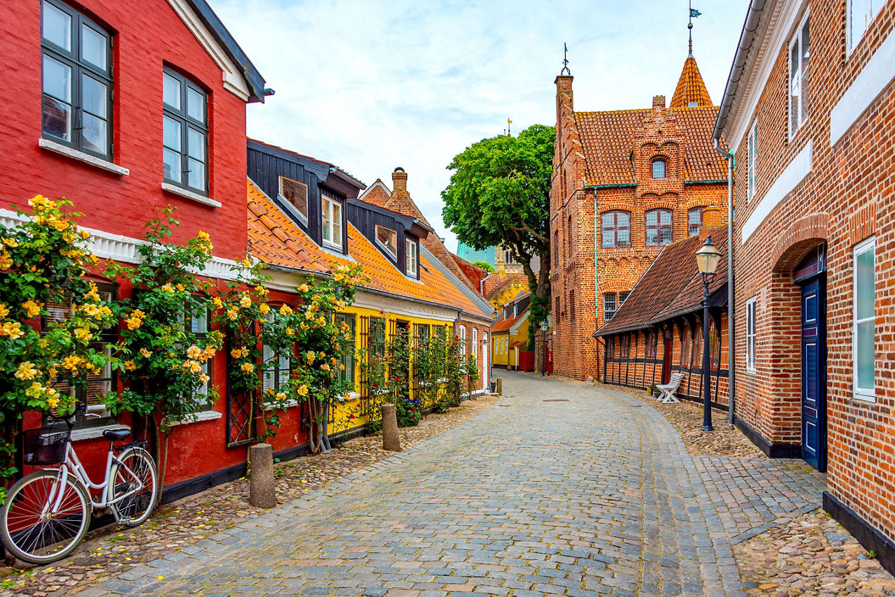Historical street in the center of Ribe, Denmark