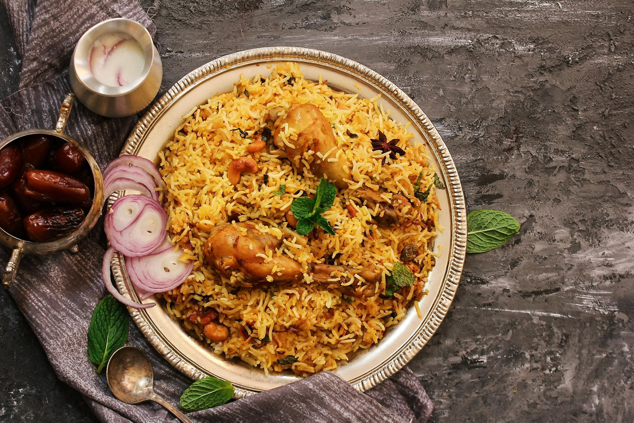 Chicken Kabsa, homemade Arabian biryani, spicy rice with chicken in Doha, Qatar