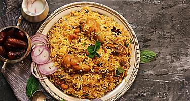Chicken Kabsa, homemade Arabian biryani, spicy rice with chicken in Doha, Qatar
