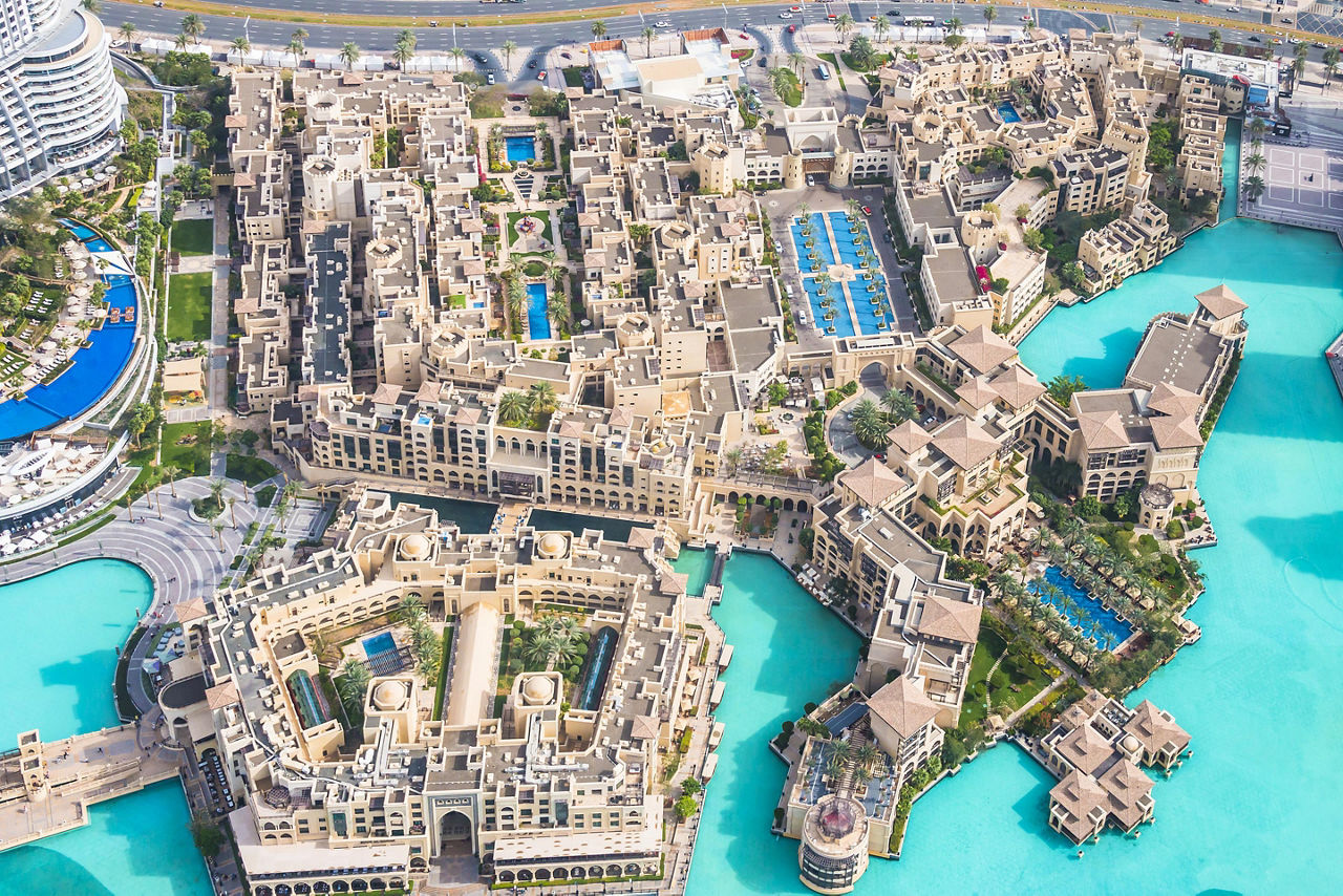 Aerial views of the city of Dubai from the top of the Burj Khalifa skyscraper
