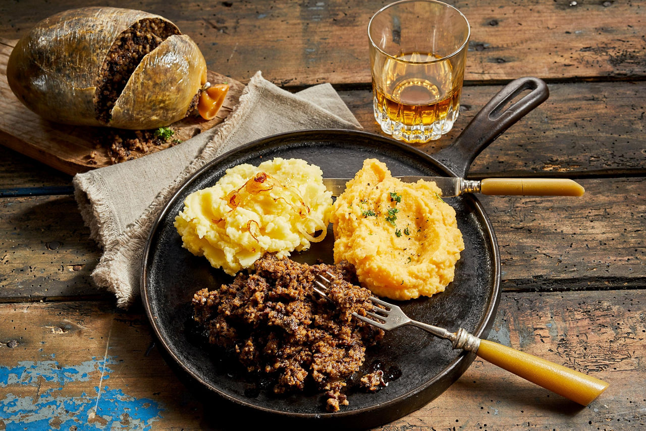 A plate of haggis, neeps and tatties in Scotland