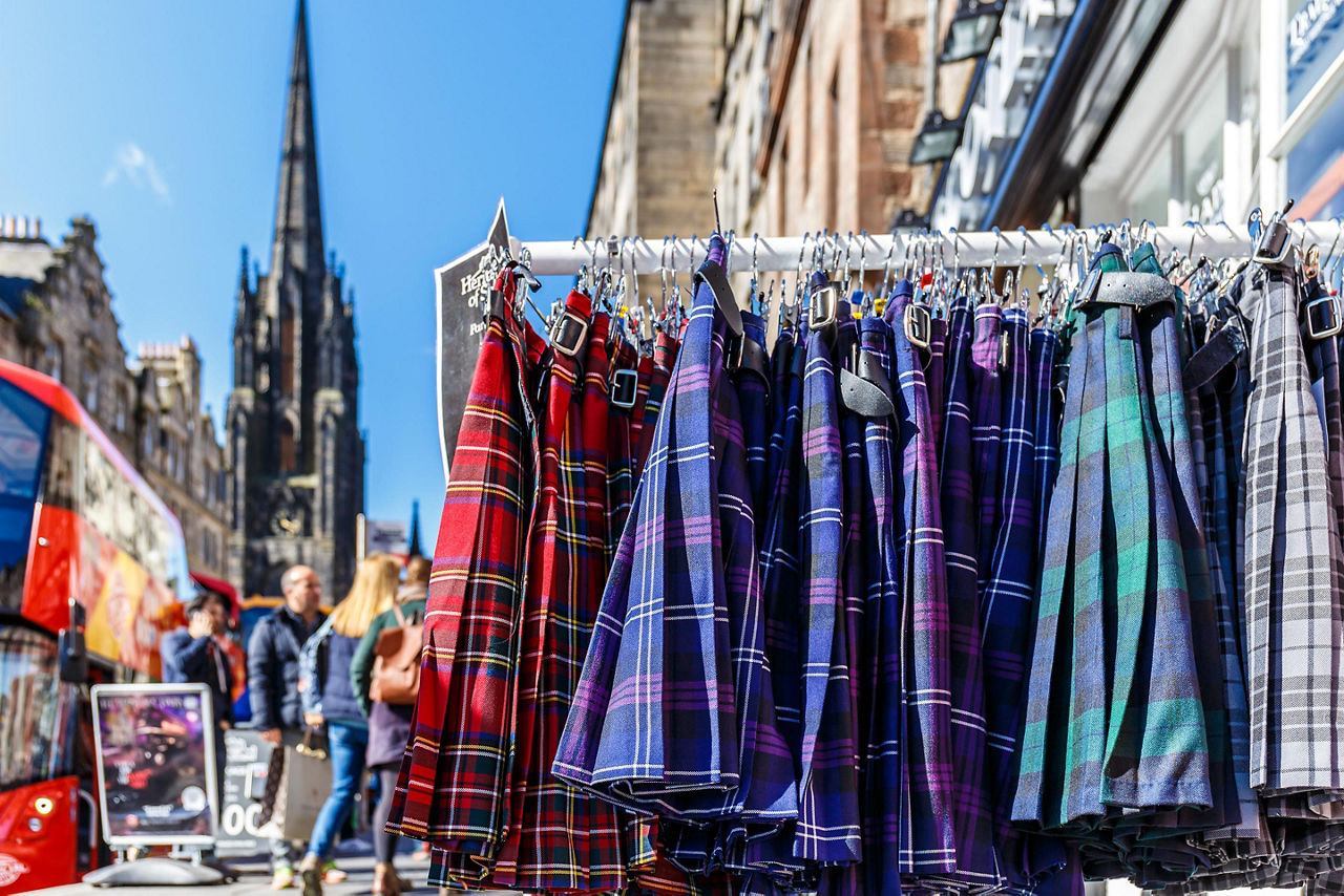 A rack full of tartan cloth kilts in Edinburgh, Scotland