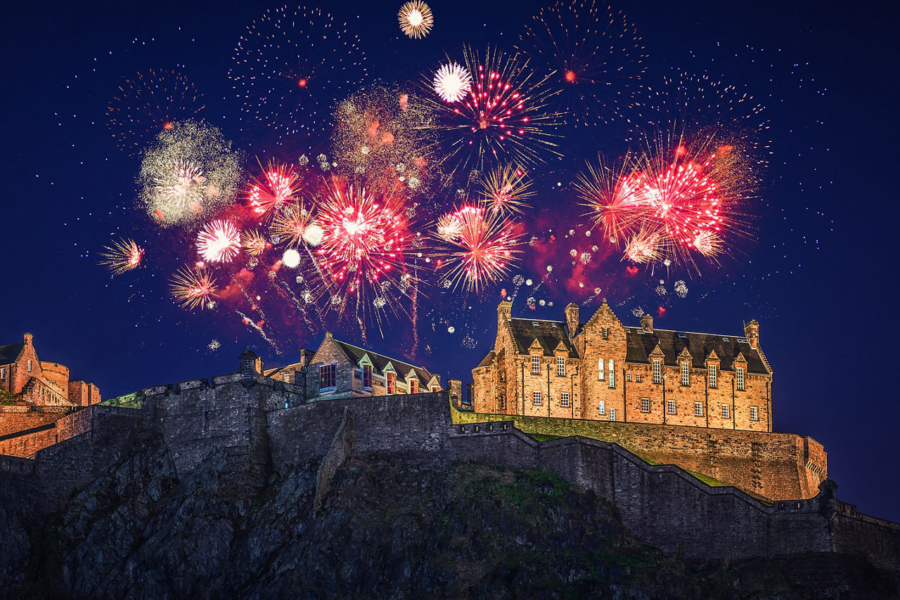 Edinburgh Castle is aglow during Hogmanay, Scotland